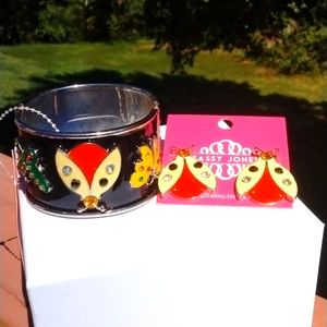 Sassy Jones Lovebug Cuff and Earrings Set - Black & Red